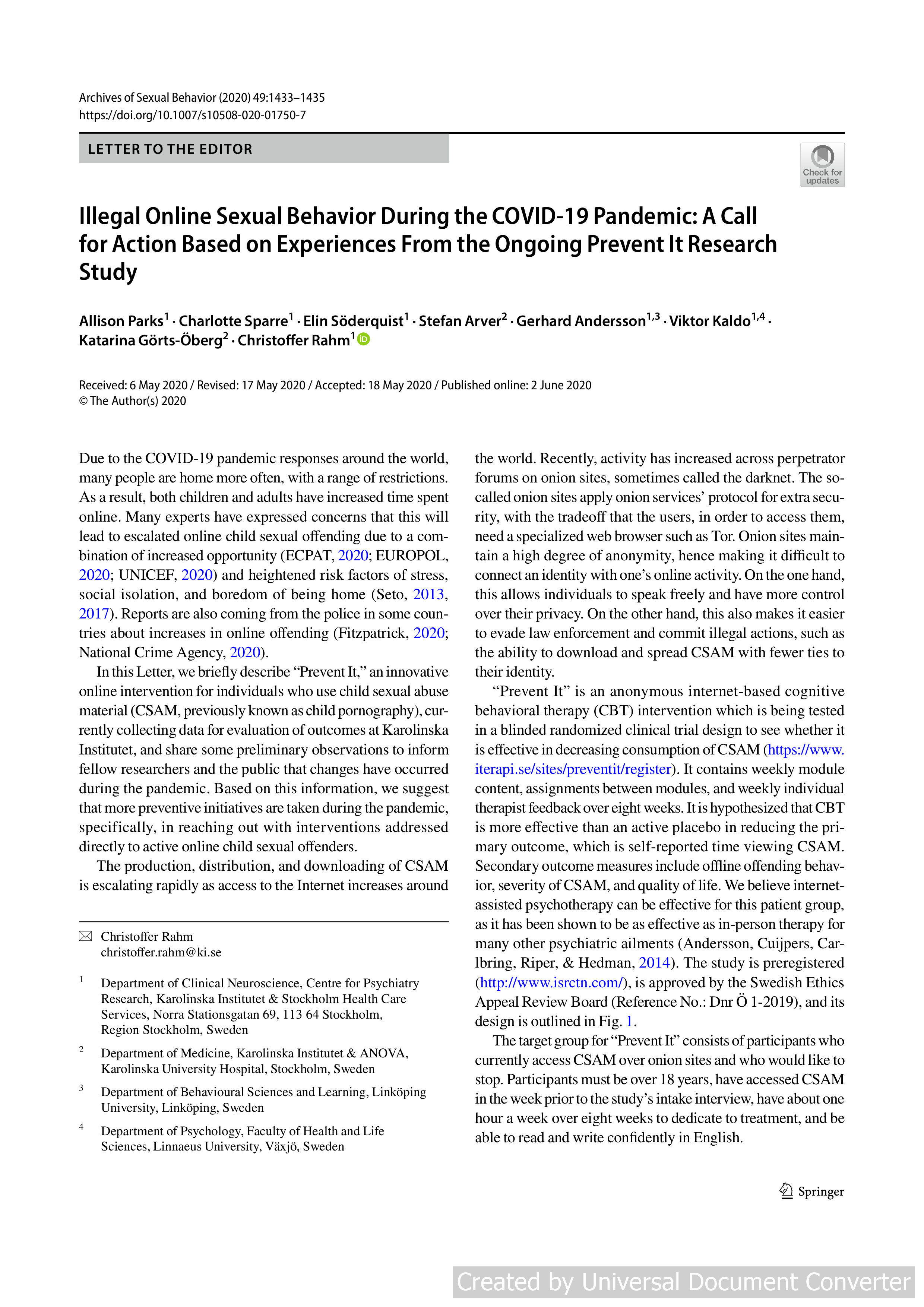 Illegal Online Sexual Behavior During the COVID-19 Pandemic: A Call for Action Based on Experiences From the Ongoing Prevent It Research Study