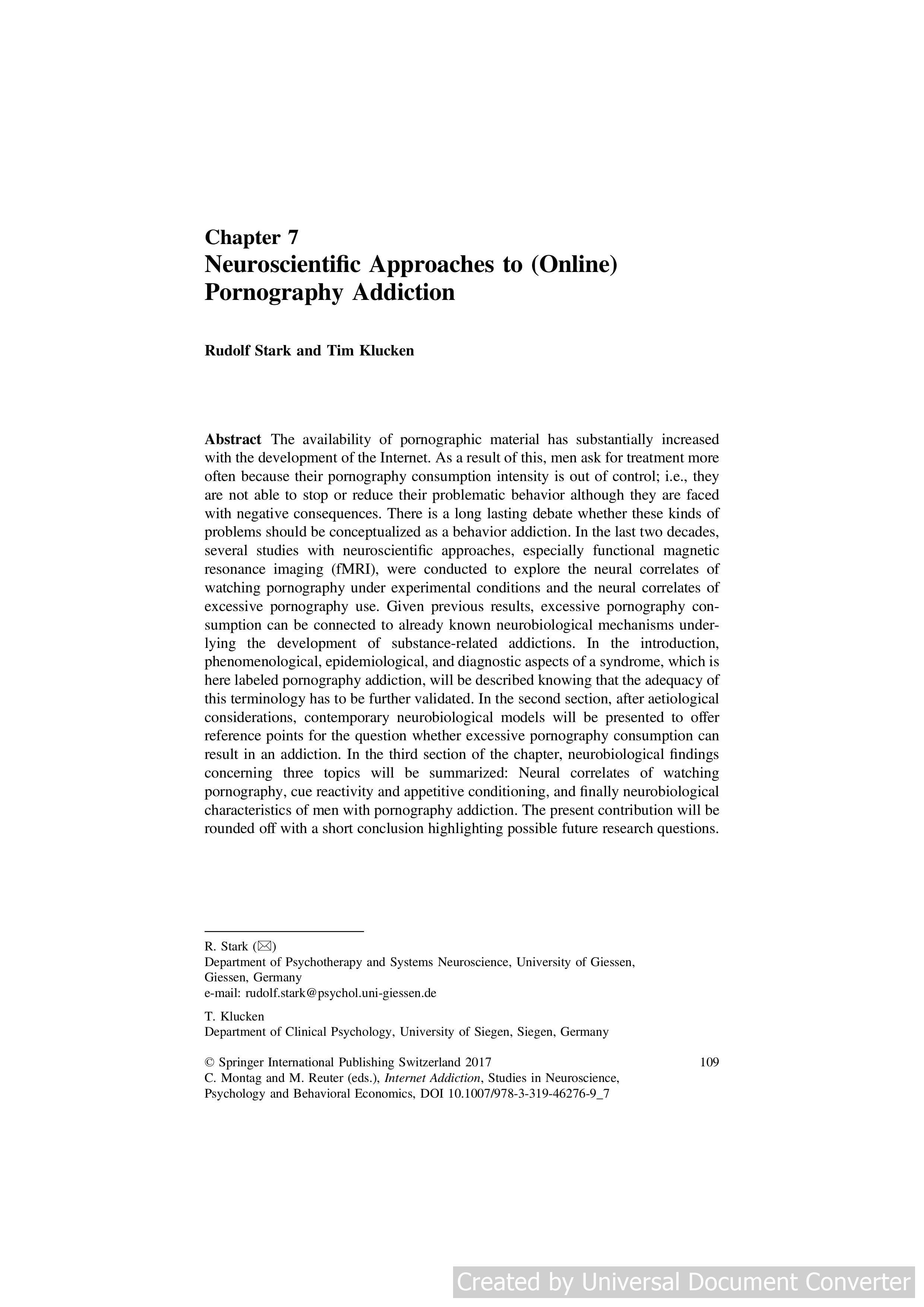 Neuroscientific Approaches to (Online) Pornography Addiction