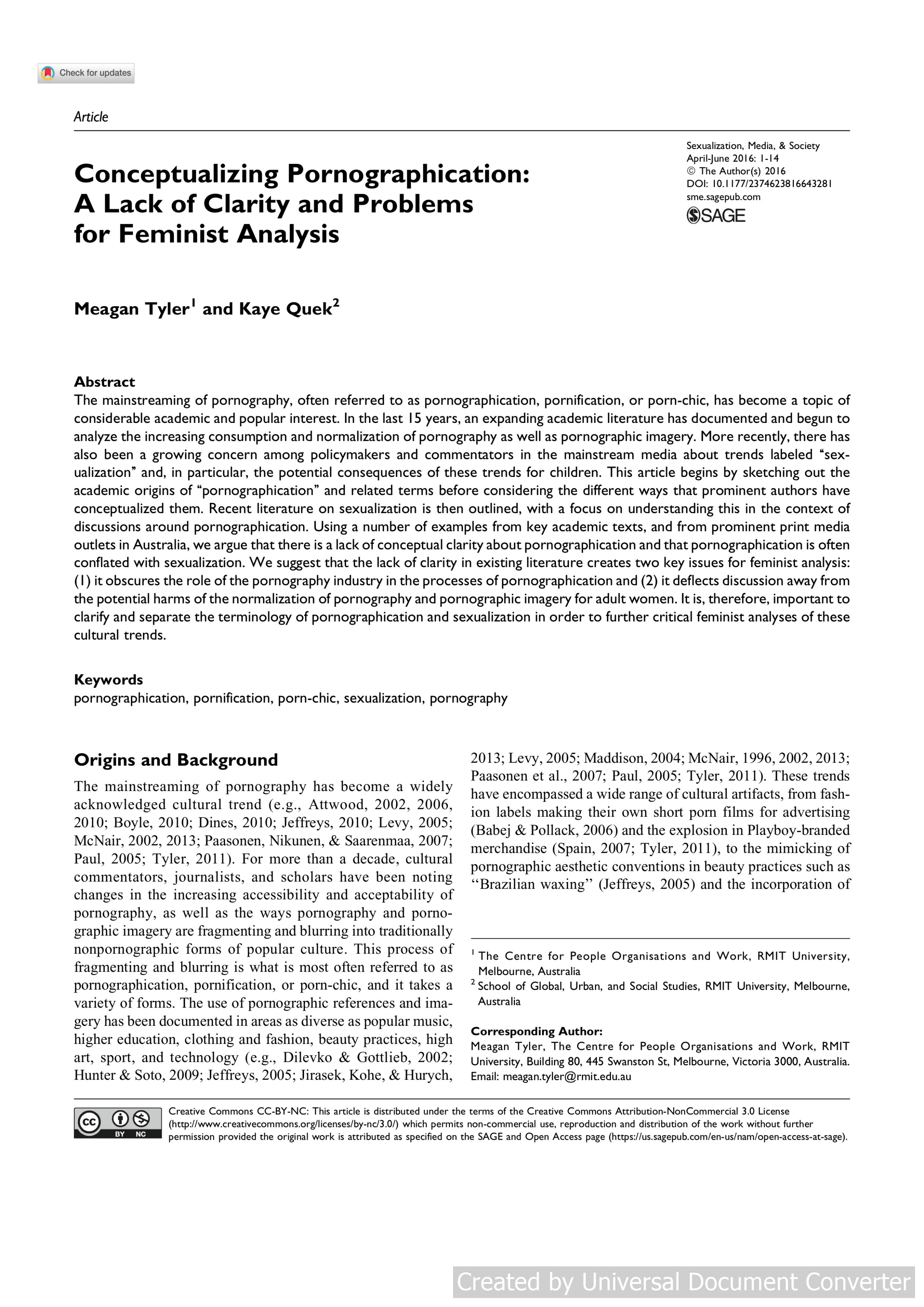 Conceptualizing Pornographication: A Lack of Clarity and Problems for Feminist Analysis