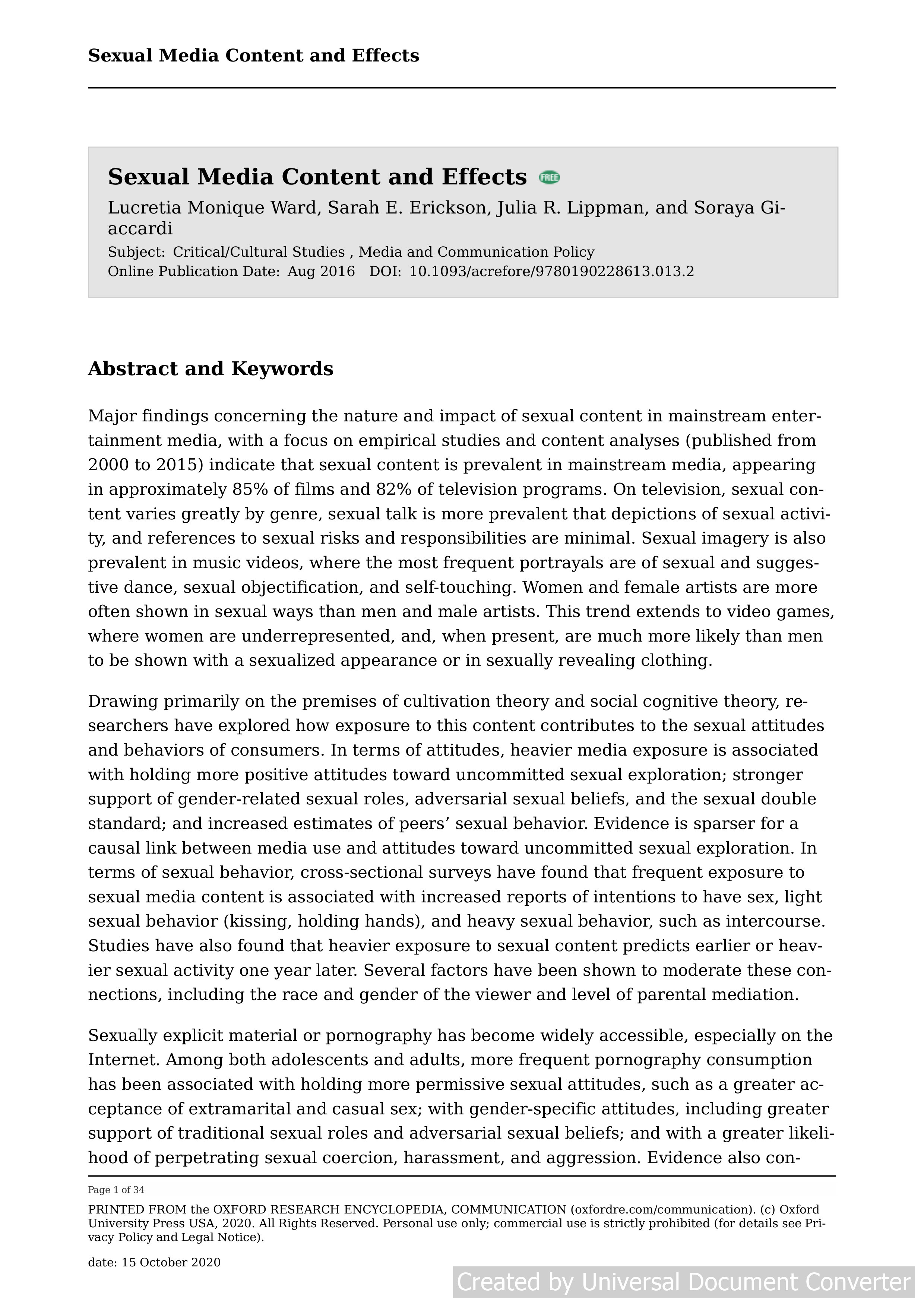 Sexual Media Content and Effects