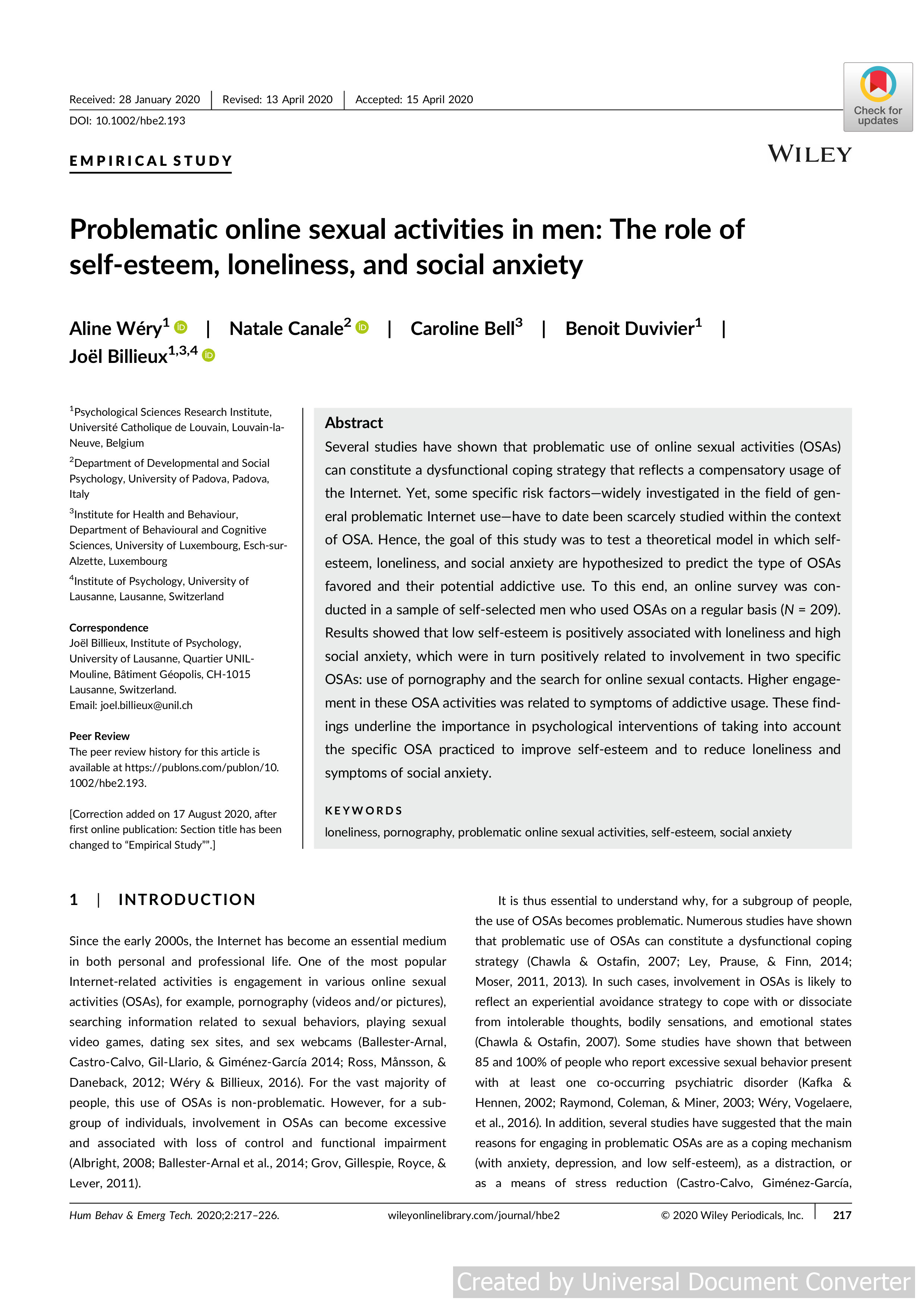Problematic online sexual activities in men: The role of self‐esteem, loneliness, and social anxiety