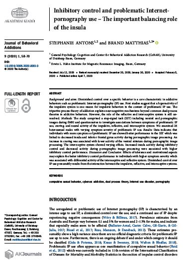 Inhibitory control and problematic Internet-pornography use – The important balancing role of the insula