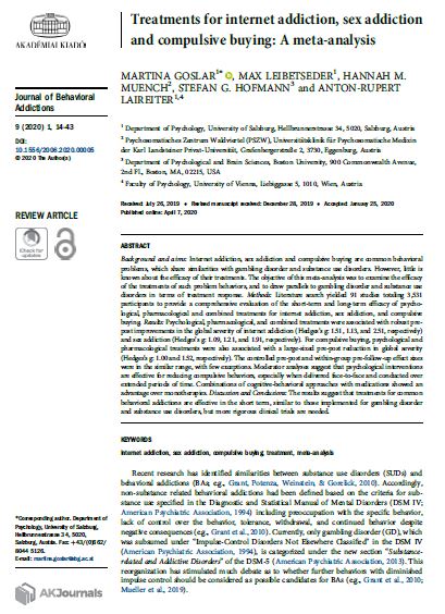 Treatments for Internet Addiction, Sex Addiction and Compulsive Buying: A Meta-Analysis