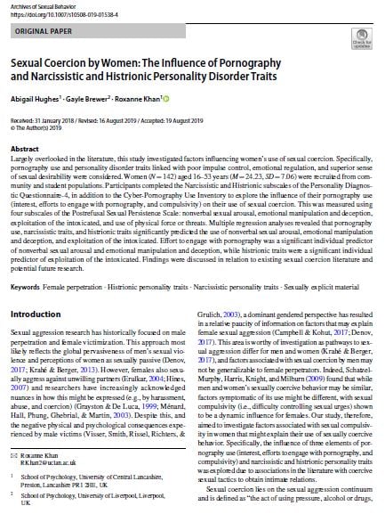 Sexual Coercion by Women: The Influence of Pornography and Narcissistic and Histrionic Personality Disorder Traits