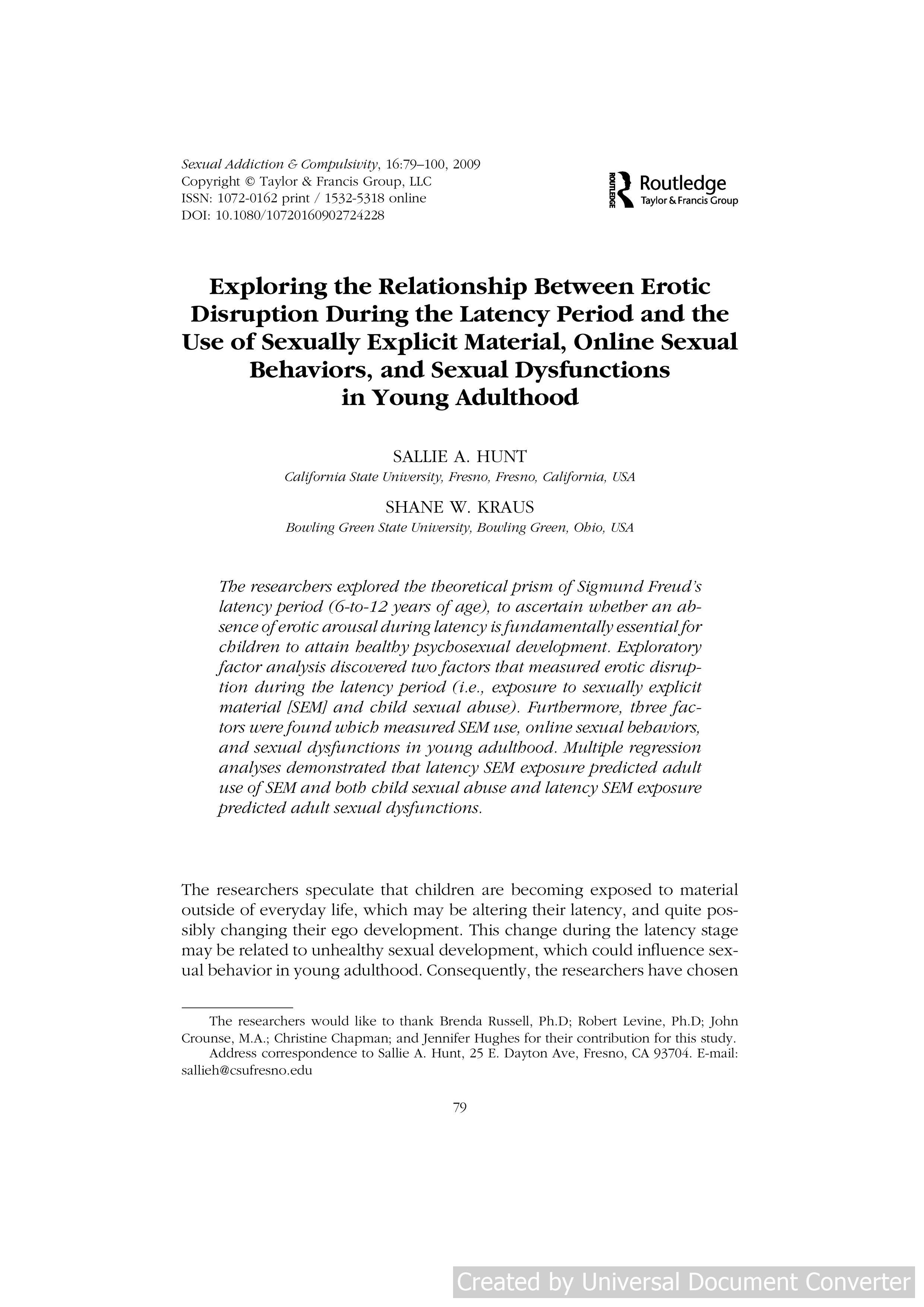 Exploring the Relationship Between Erotic Disruption During the Latency Period and the Use of Sexually Explicit Material, Online Sexual Behaviors, and Sexual Dysfunctions in Young Adulthood