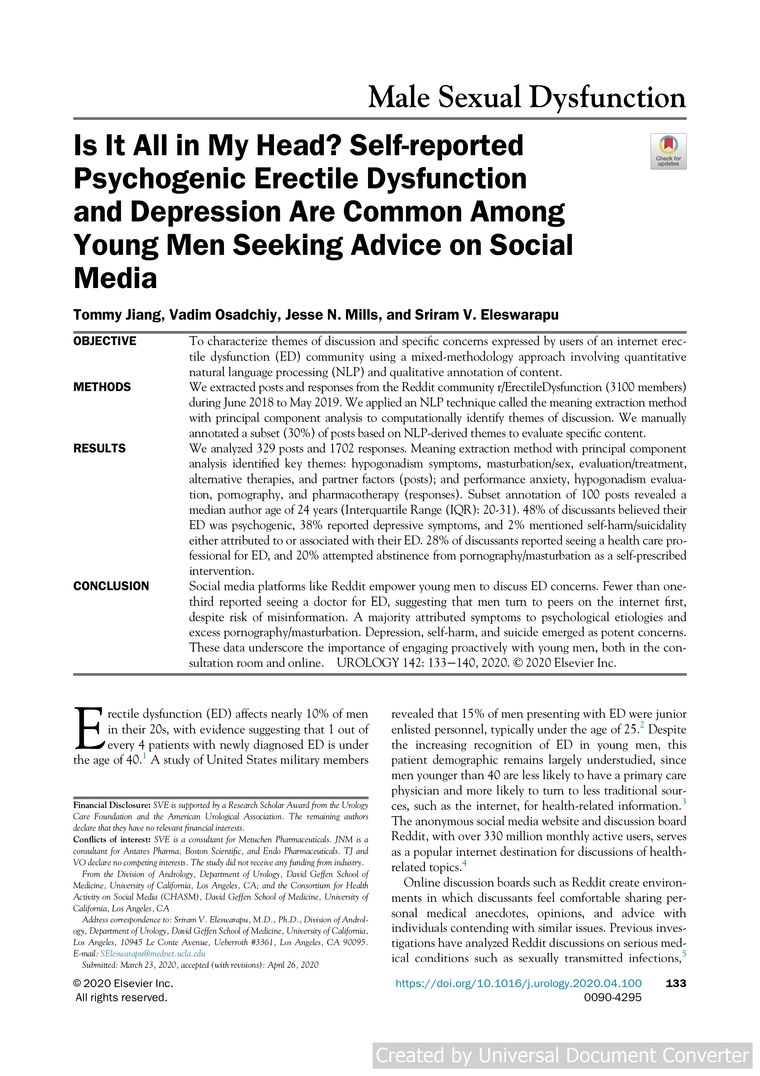 Is It All in My Head? Self-reported Psychogenic Erectile Dysfunction and Depression Are Common Among Young Men Seeking Advice on Social Media