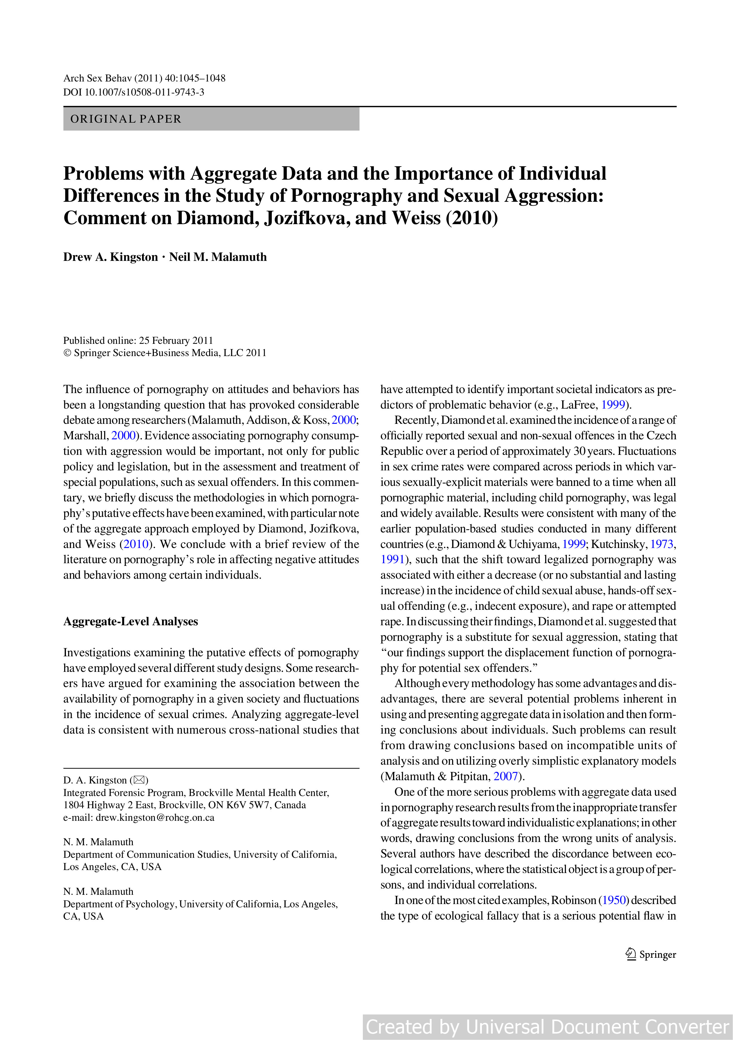Problems with Aggregate Data and the Importance of Individual Differences in the Study of Pornography and Sexual Aggression: Comment on Diamond, Jozifkova, and Weiss