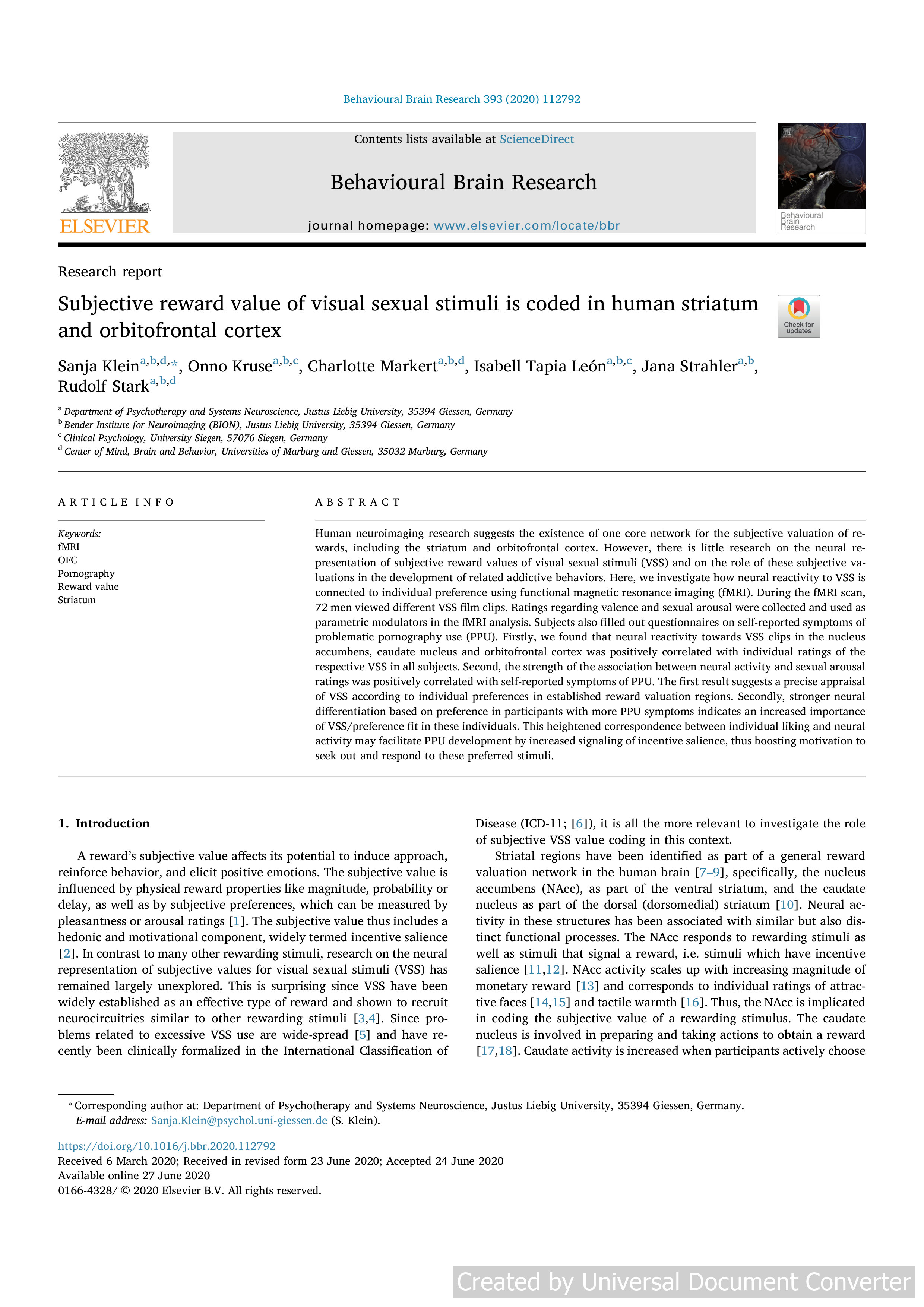 Subjective reward value of visual sexual stimuli is coded in human striatum and orbitofrontal cortex