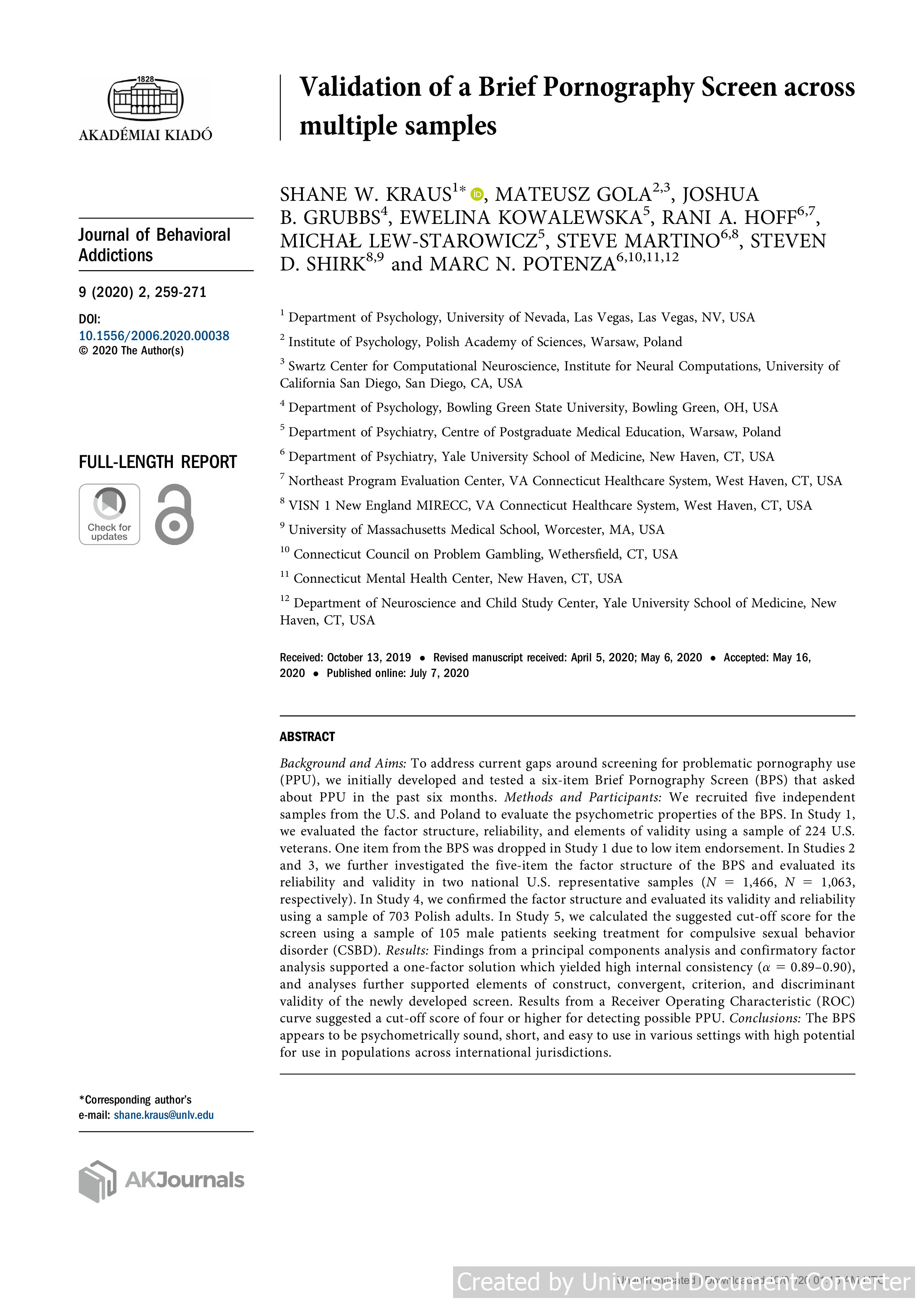 Validation of a Brief Pornography Screen across multiple samples