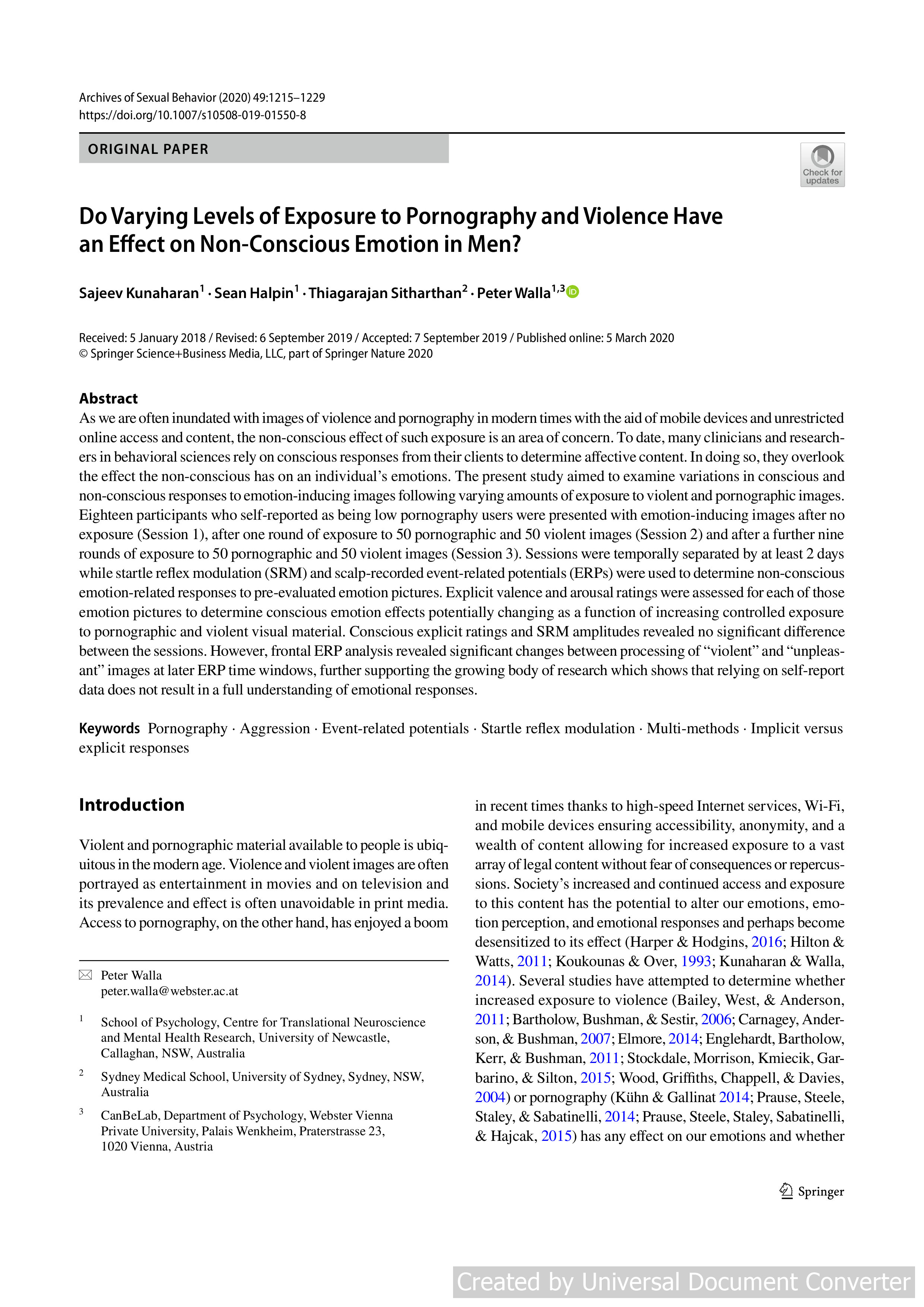 Do Varying Levels of Exposure to Pornography and Violence Have an Effect on Non-Conscious Emotion in Men?