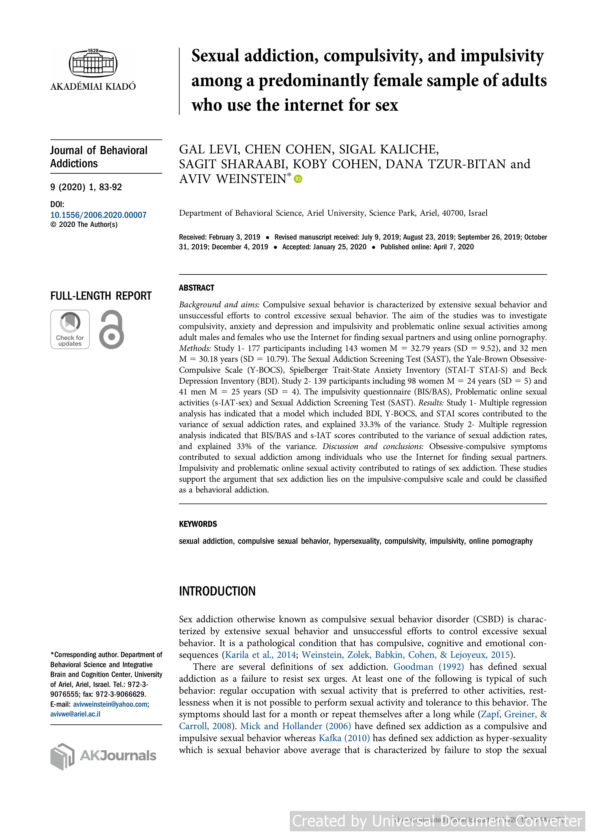 Sexual addiction, compulsivity, and impulsivity among a predominantly female sample of adults who use the internet for sex