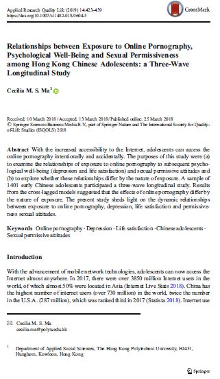 Relationships Between Exposure to Online Pornography, Psychological Well-Being and Sexual Permissiveness Among Hong Kong Chinese Adolescents: A Three-Wave Longitudinal Study