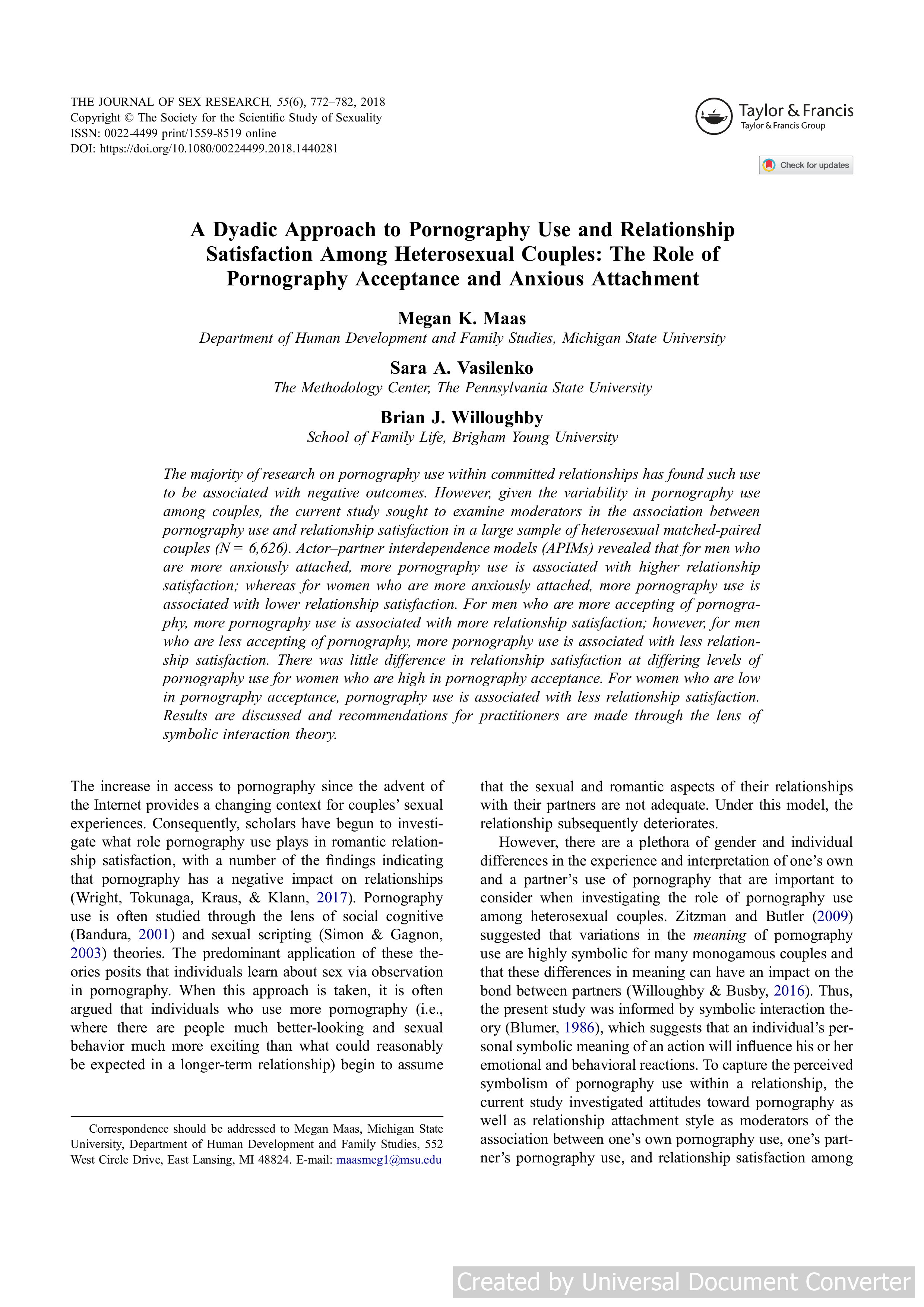 A Dyadic Approach to Pornography Use and Relationship Satisfaction Among Heterosexual Couples: The Role of Pornography Acceptance and Anxious Attachment
