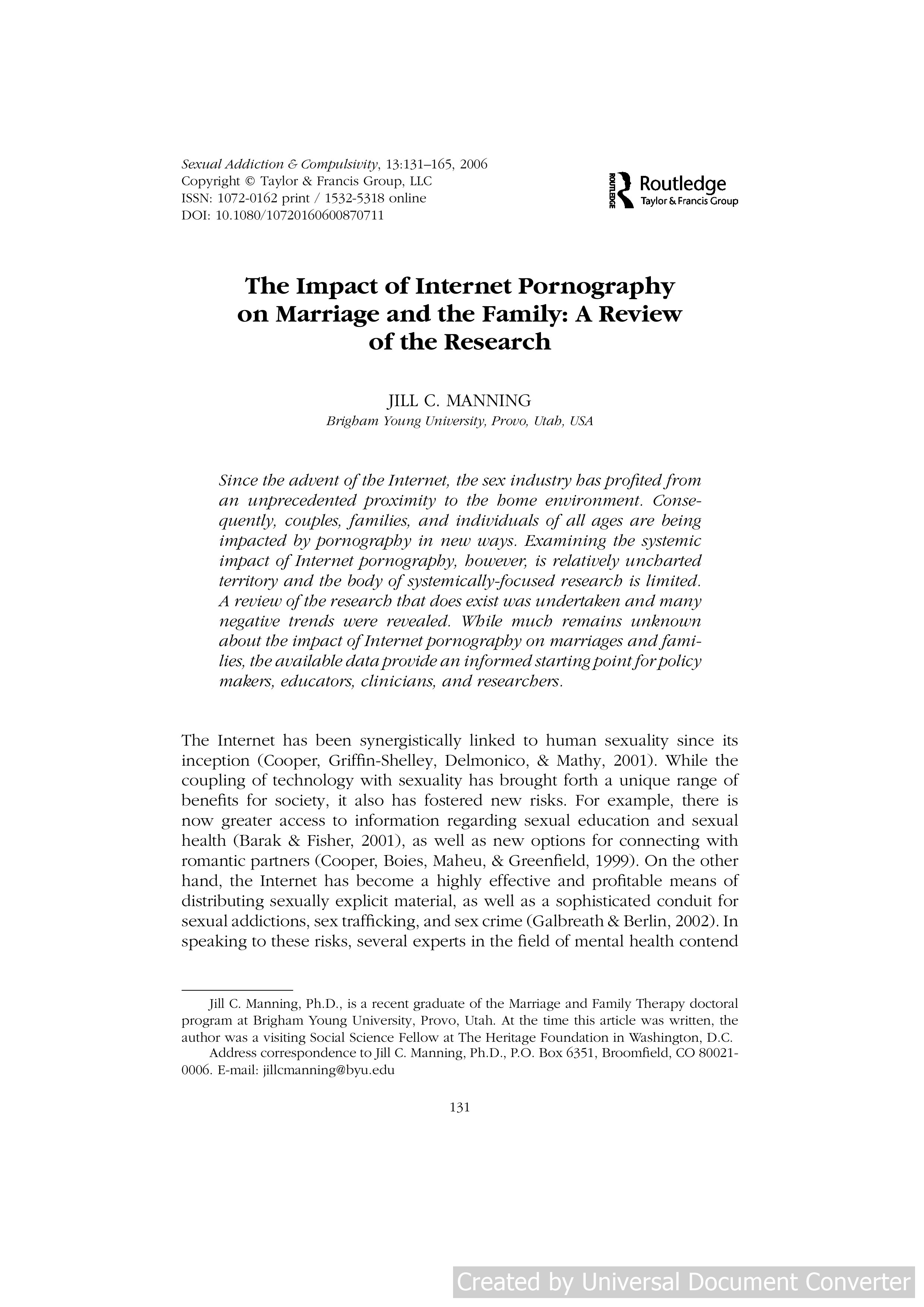 The Impact of Internet Pornography on Marriage and the Family: A Review of the Research