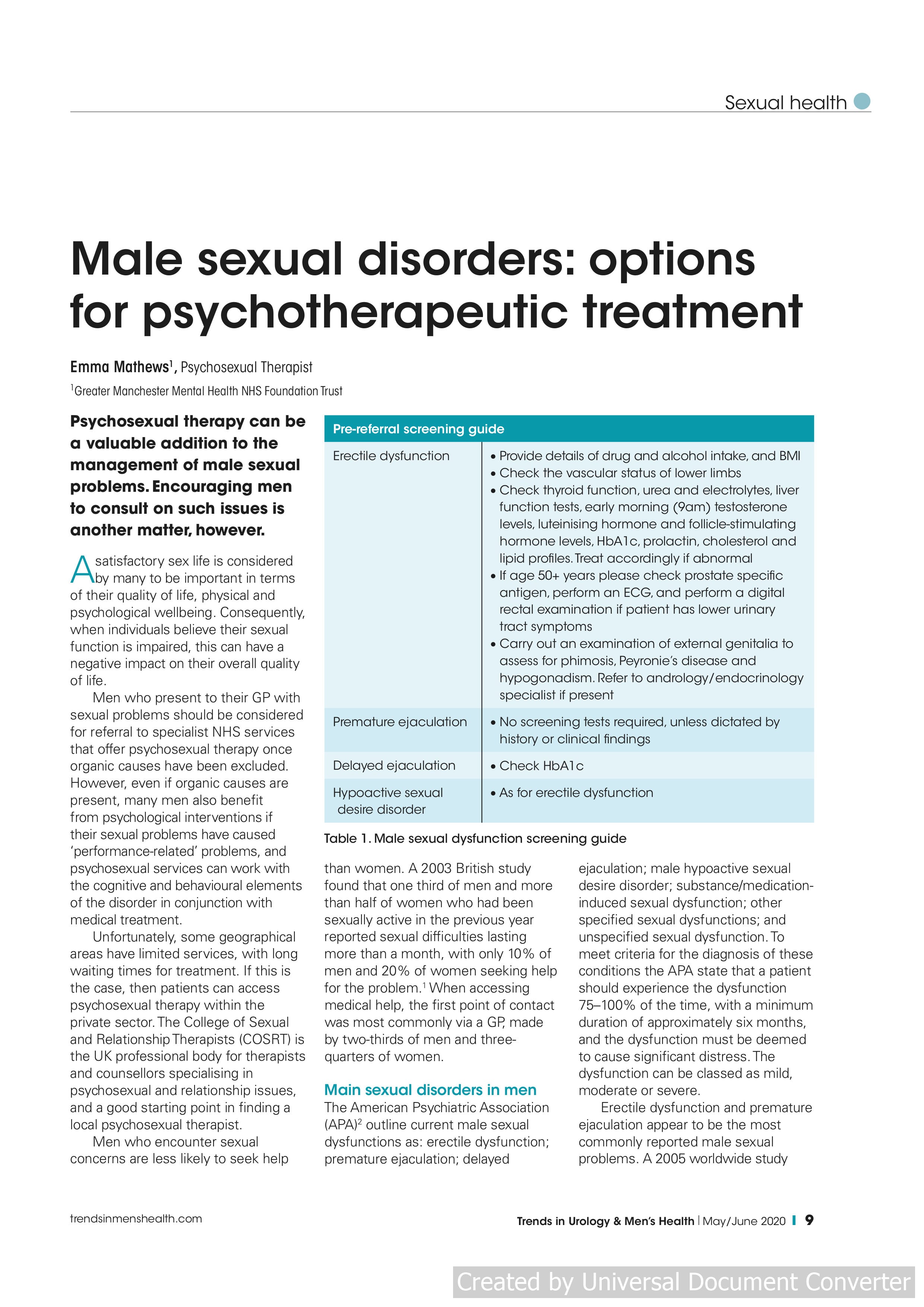 Male sexual disorders: options for psychotherapeutic treatment
