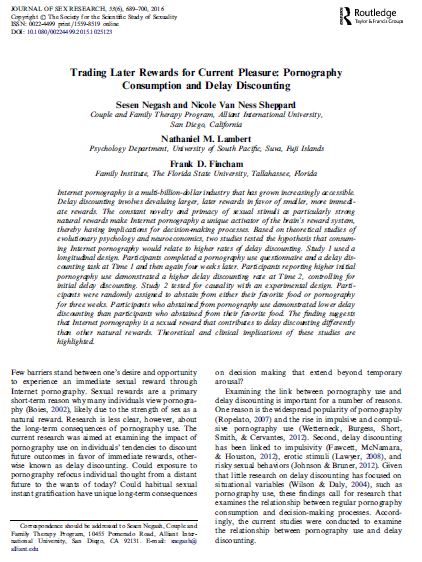 Trading Later Rewards for Current Pleasure: Pornography Consumption and Delay Discounting