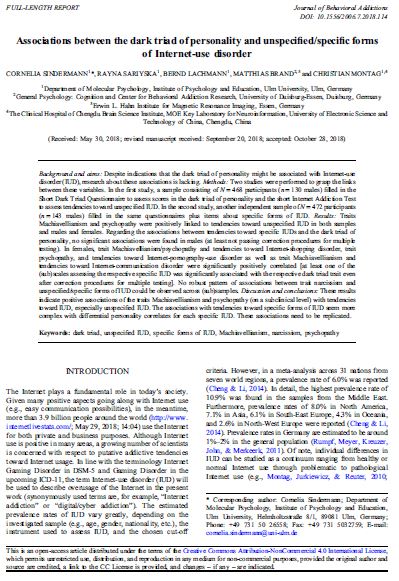 Associations between the dark triad of personality and unspecified/specific forms of Internet-use disorder