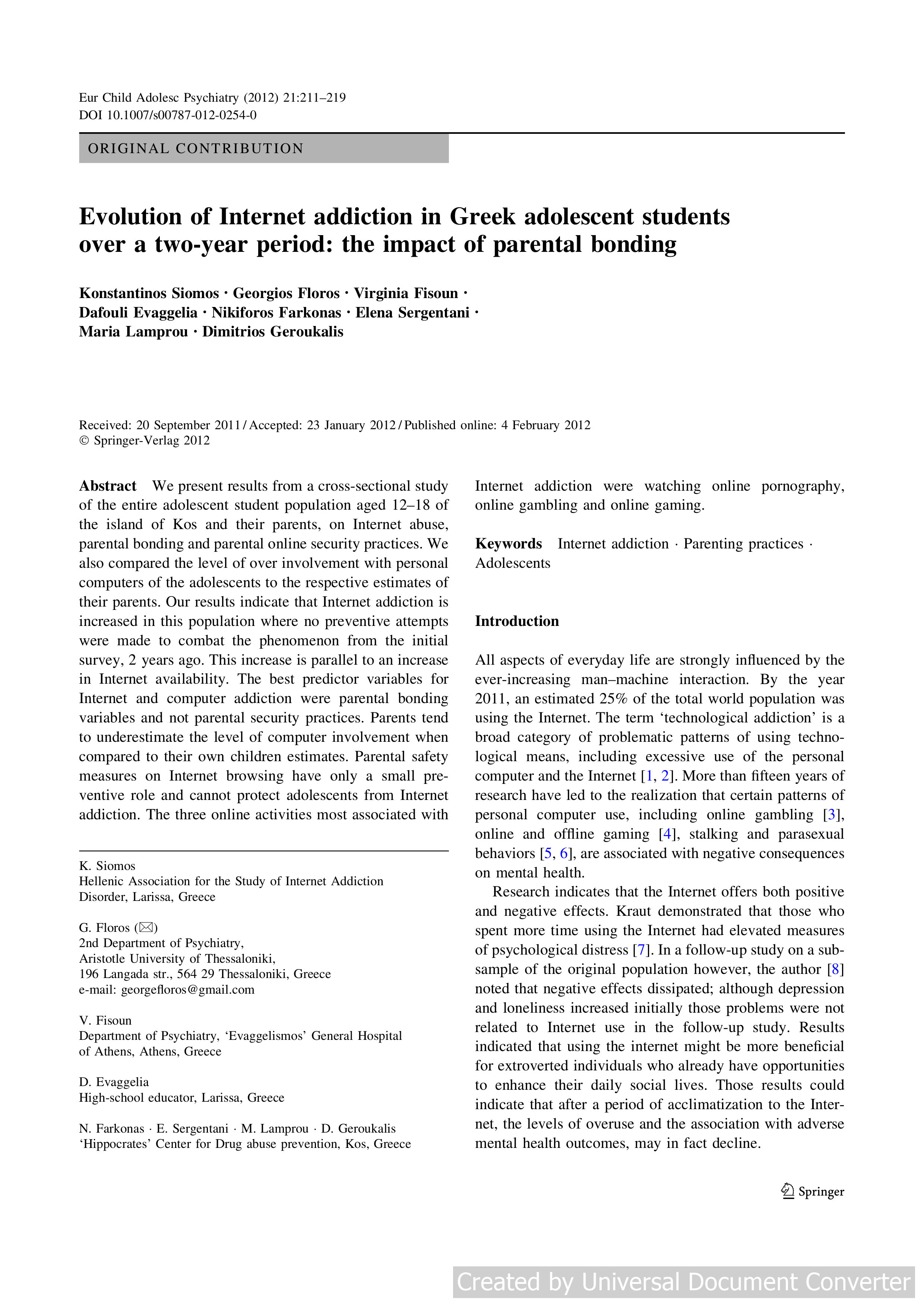 Evolution of Internet addiction in Greek adolescent students over a two-year period: the impact of parental bonding