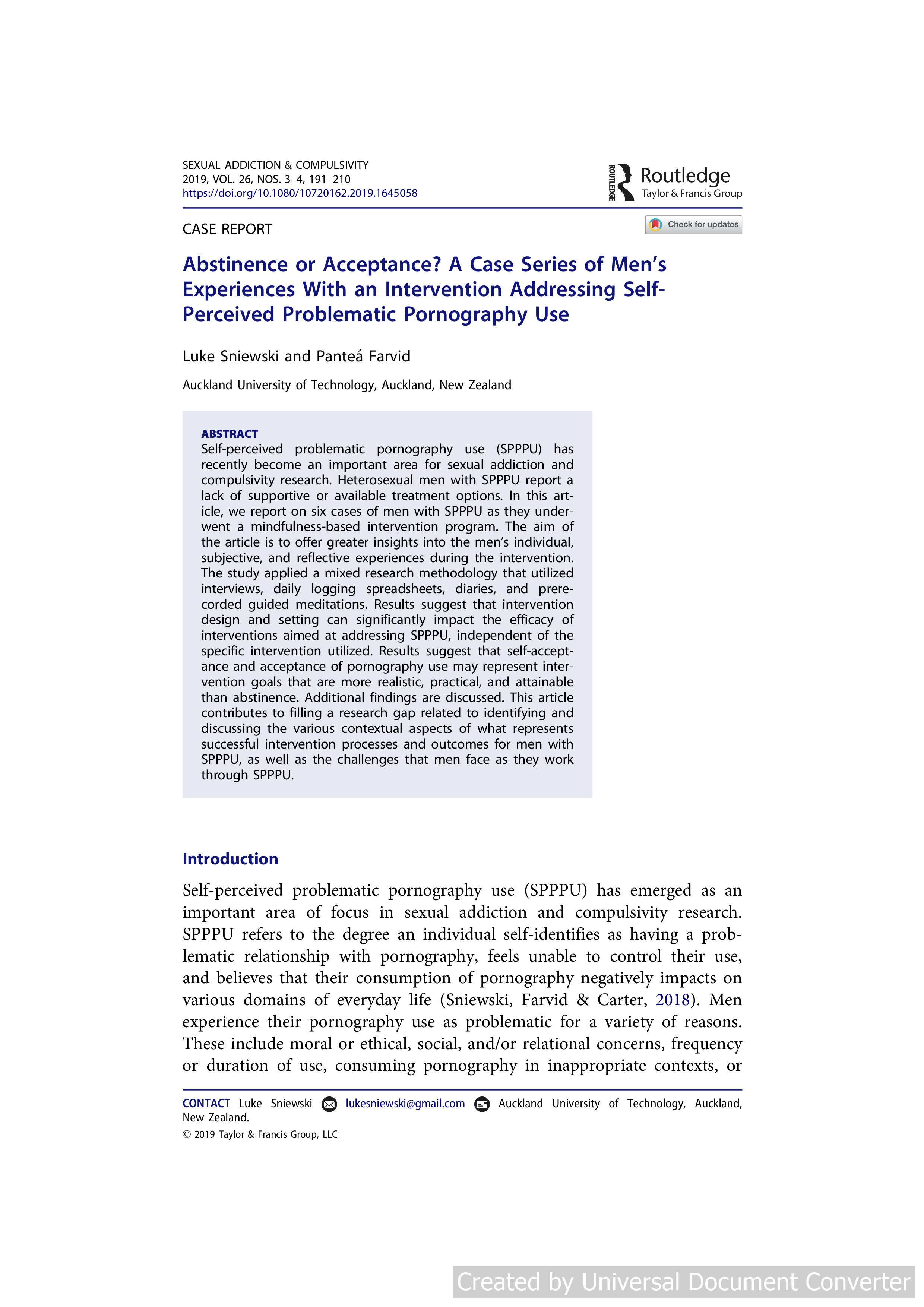 Abstinence or Acceptance? A Case Series of Men’s Experiences With an Intervention Addressing Self-Perceived Problematic Pornography Use