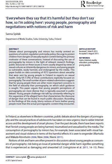 "Everywhere they say that it's harmful but they don't say how, so I'm asking here": Young People, Pornography and Negotiations with Notions of Risk and Harm