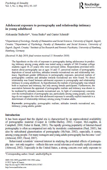 Adolescent exposure to pornography and relationship intimacy in young adulthood