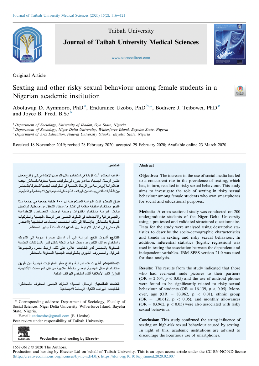 Sexting and other risky sexual behaviour among female students in a Nigerian academic institution