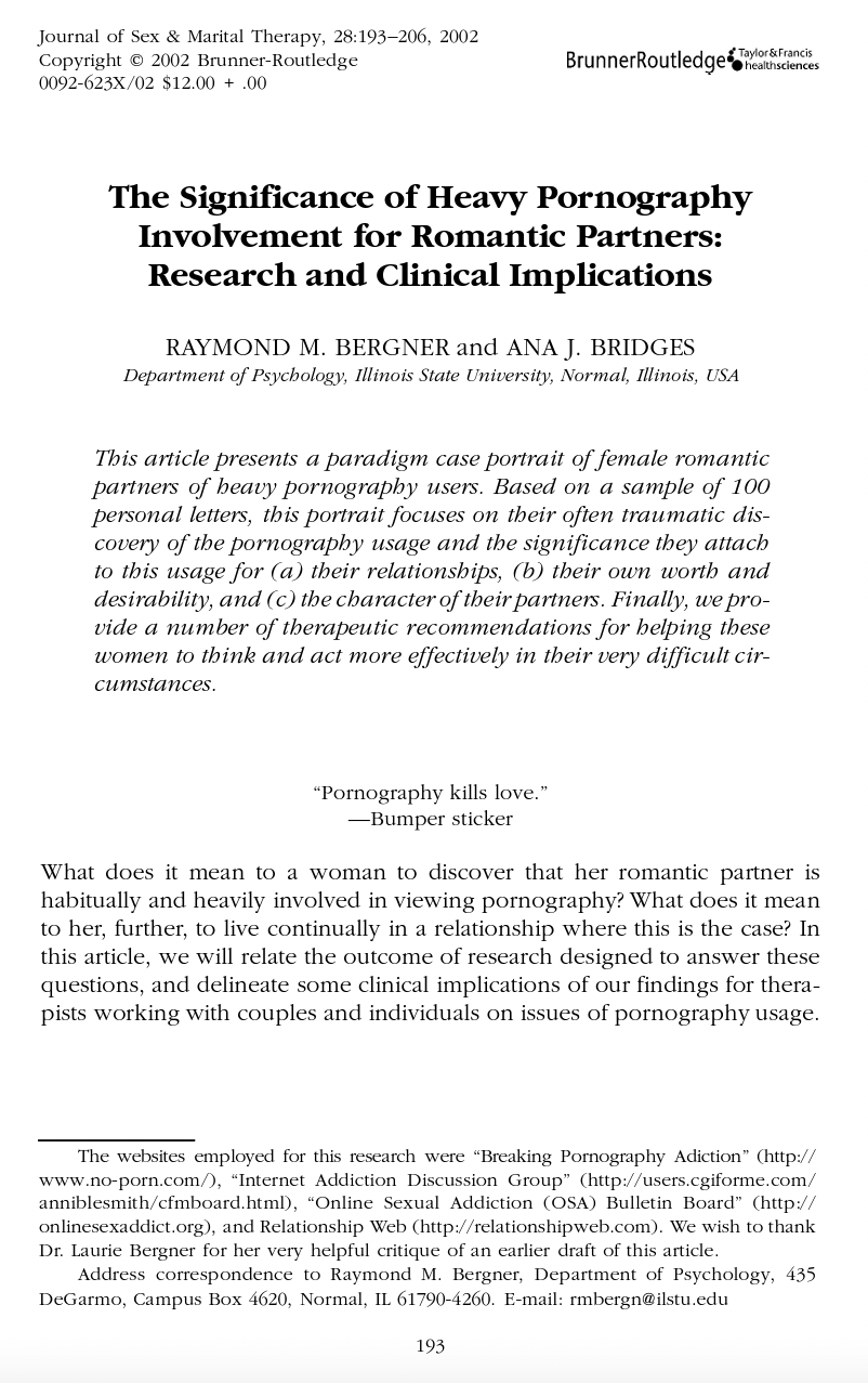 The Significance of Heavy Pornography Involvement for Romantic Partners: Research and Clinical Implications