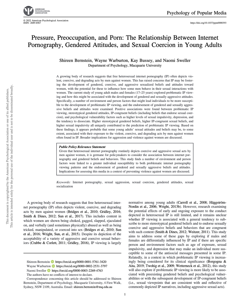 Pressure, Preoccupation, and Porn: The Relationship Between Internet Pornography, Gendered Attitudes, and Sexual Coercion in Young Adults