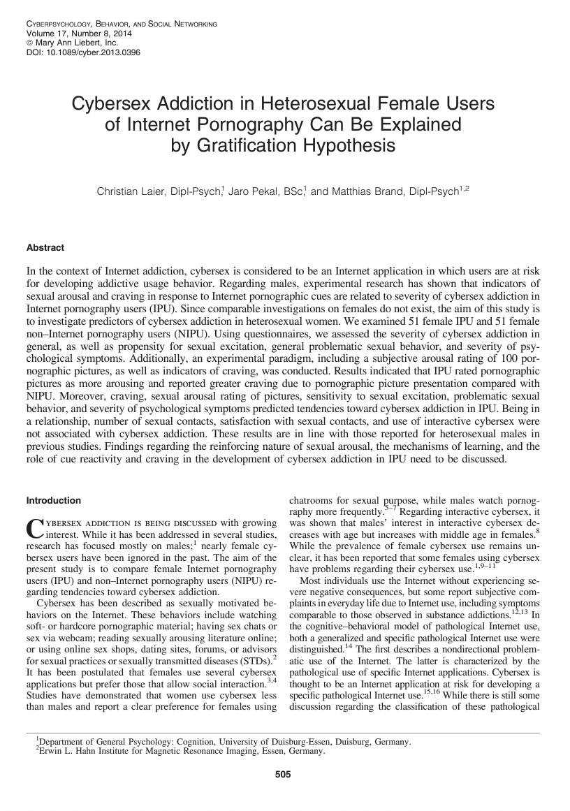 Cybersex Addiction in Heterosexual Female Users of Internet Pornography Can Be Explained by Gratification Hypothesis