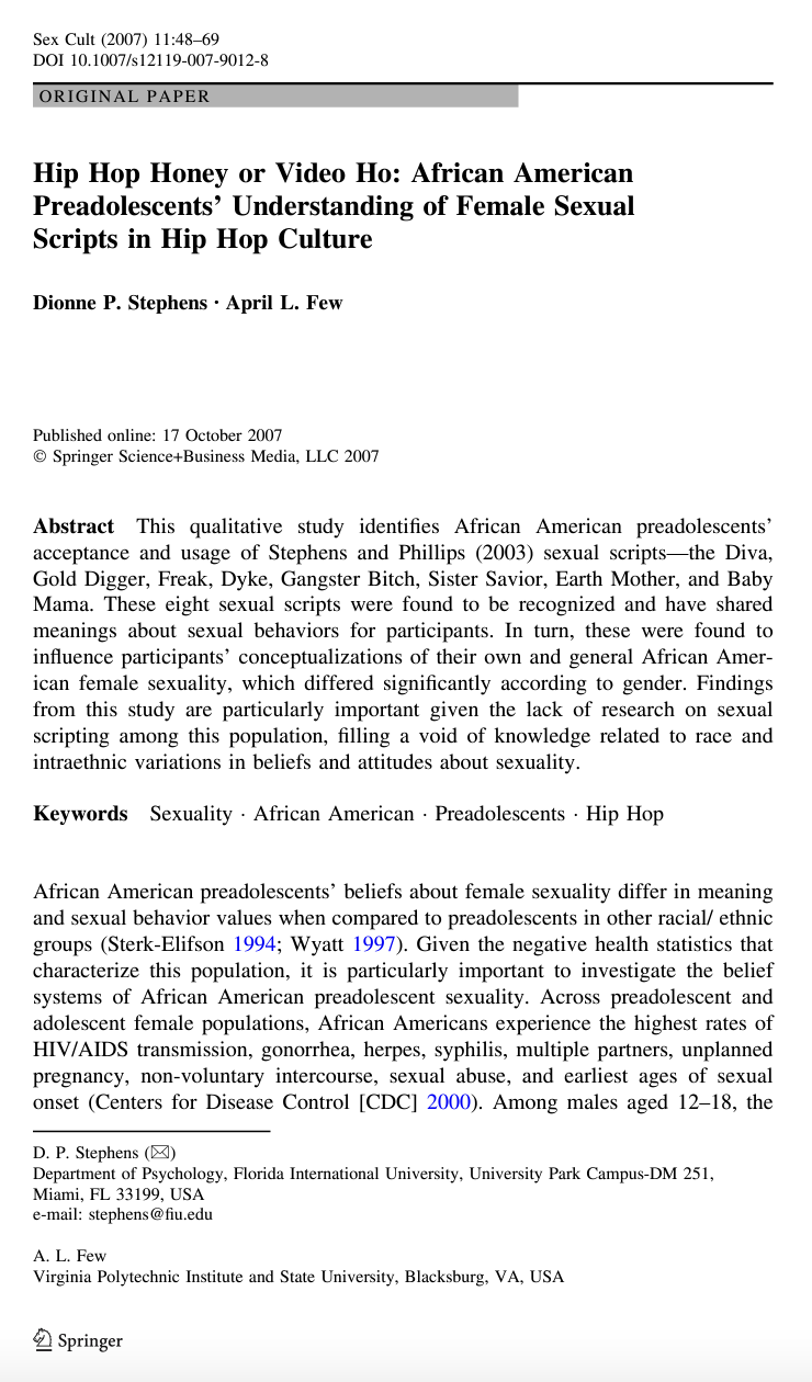 Hip Hop Honey or Video Ho: African American Preadolescents’ Understanding of Female Sexual Scripts in Hip Hop Culture