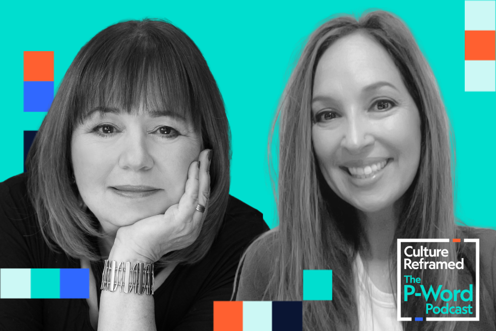 An article header of Dr. Gail Dines and Dr. Mandy Sanchez with the logo for Culture Reframed's P-Word Podcast.
